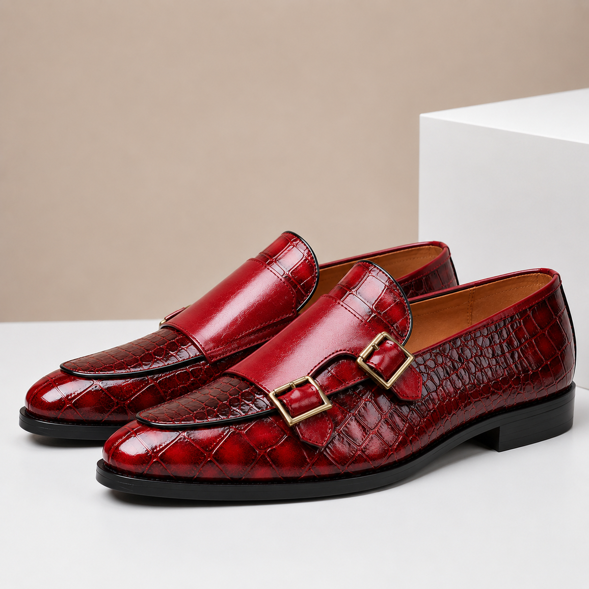 Double Buckle Embossed Loafers