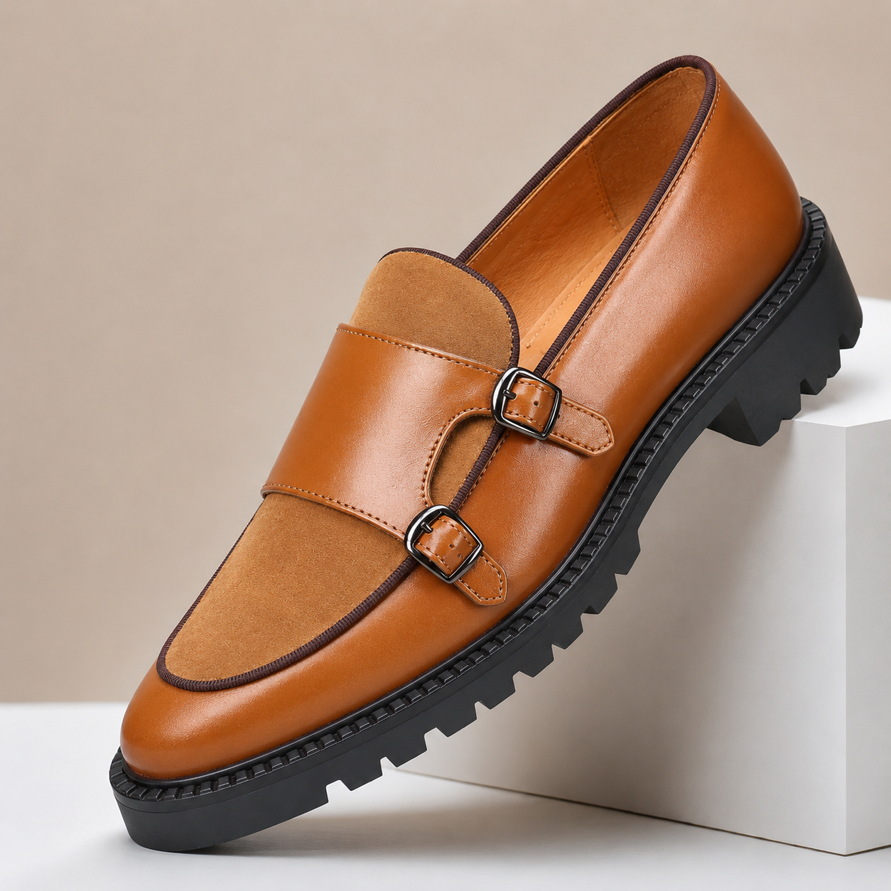 Suede Panel Double Monk Shoes