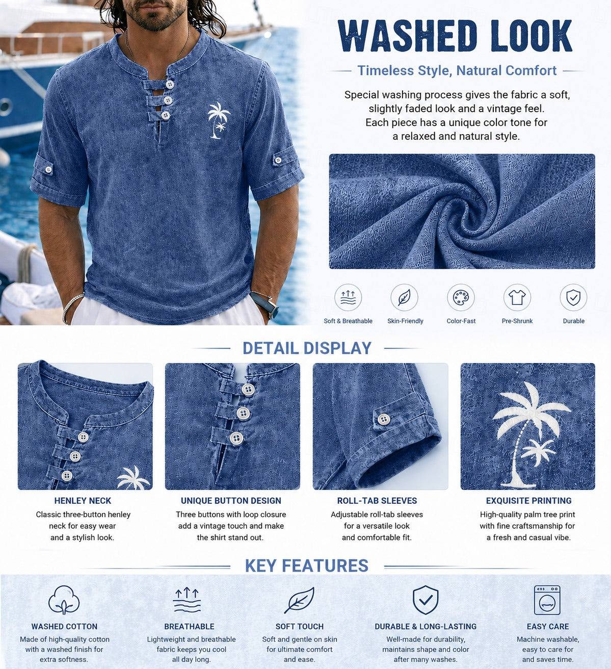 Vintage Washed Cotton Henley Tee