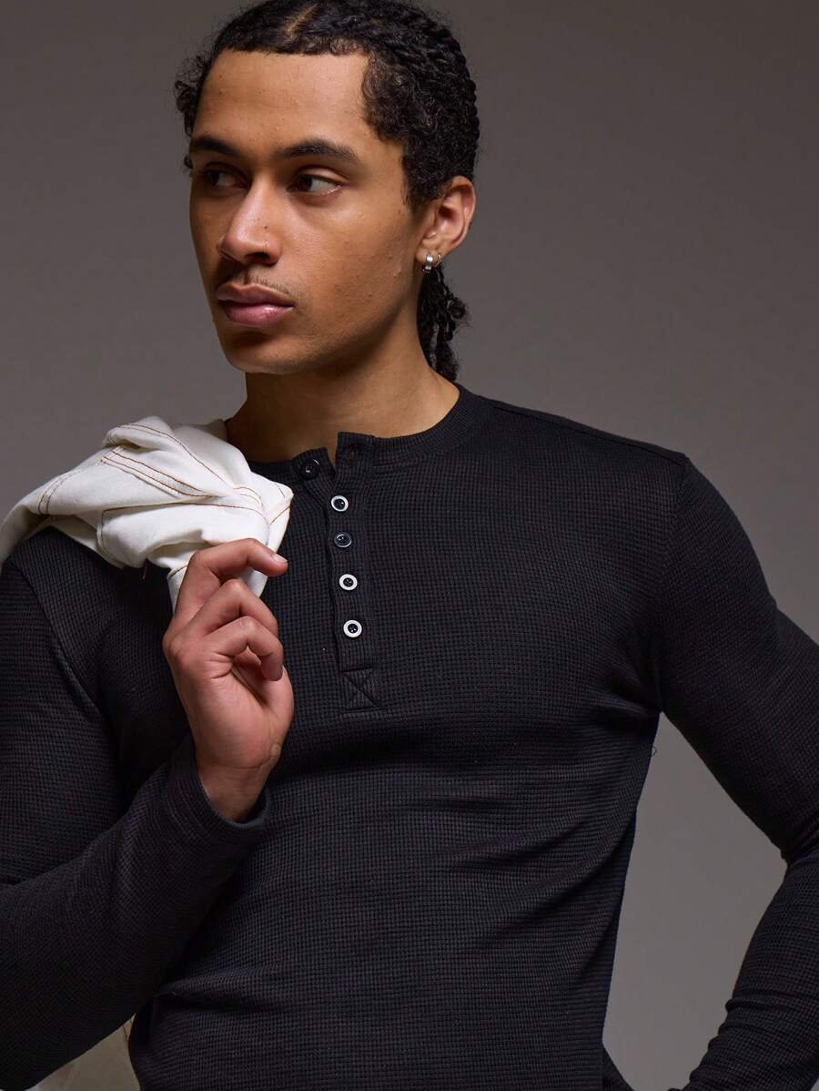 Waffle Knit Henley Long Sleeve