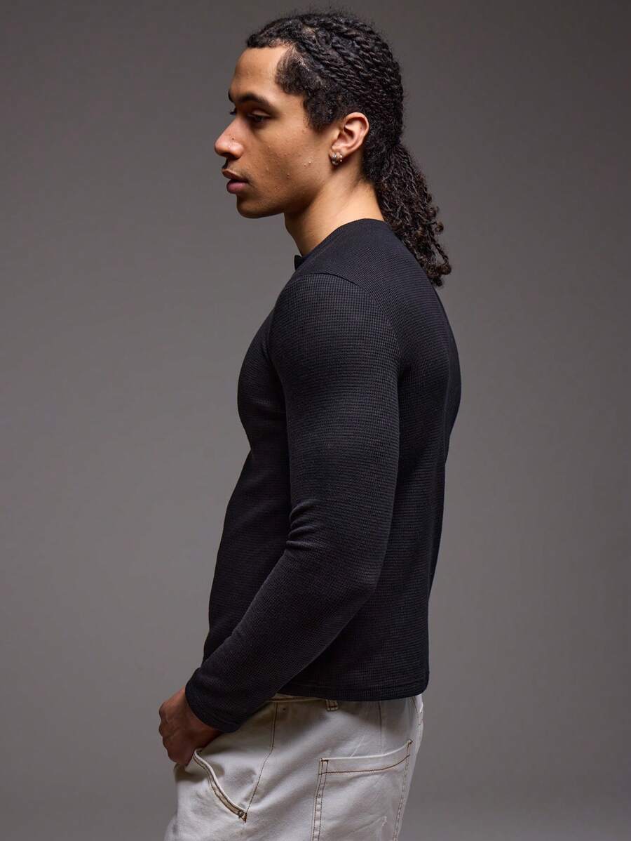 Waffle Knit Henley Long Sleeve