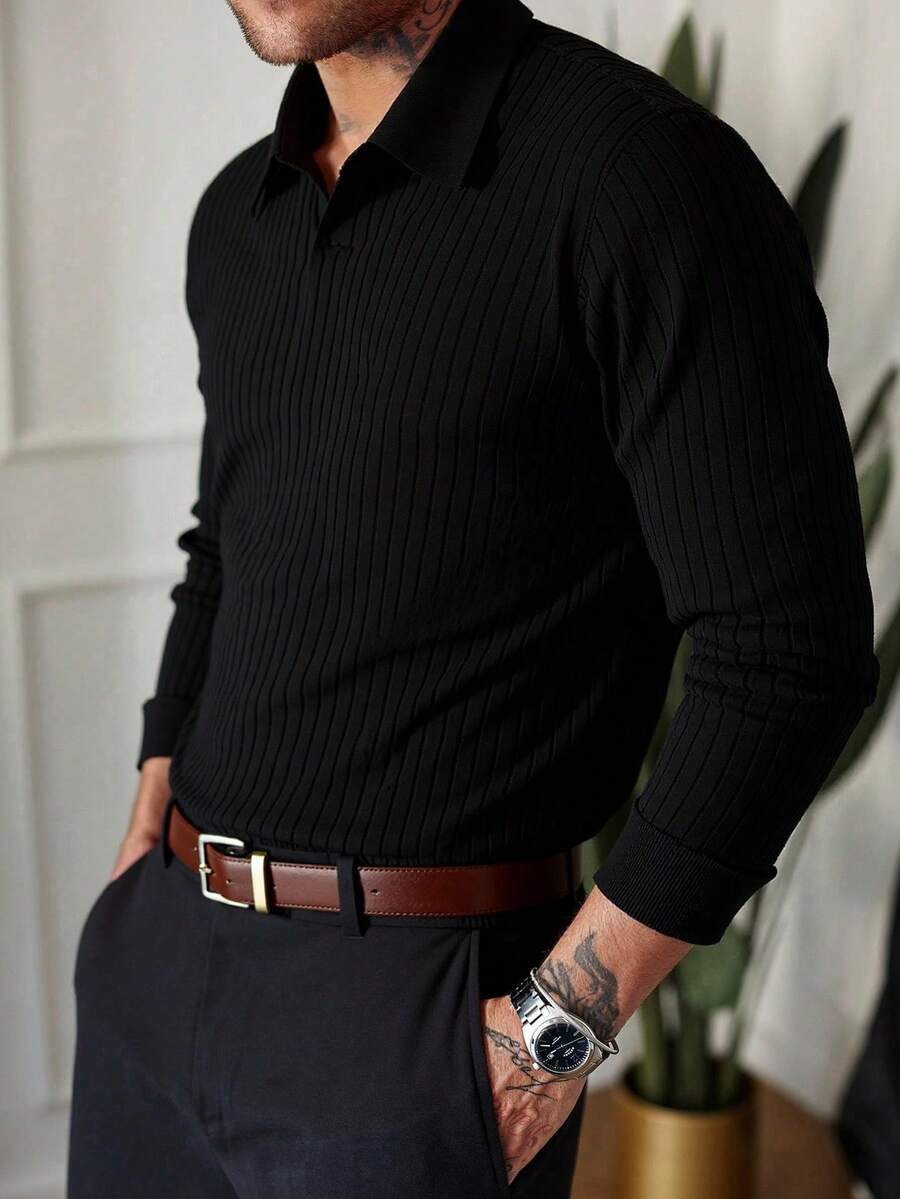 Ribbed Knit Long-Sleeve Polo