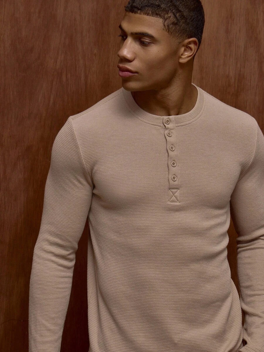 Waffle Knit Henley Long Sleeve