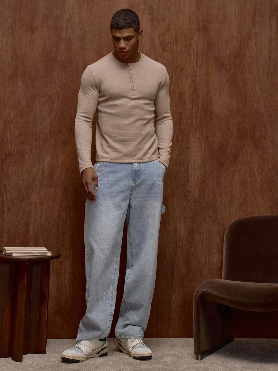 Waffle Knit Henley Long Sleeve