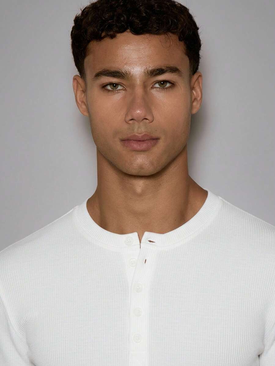 Waffle Knit Henley Long Sleeve