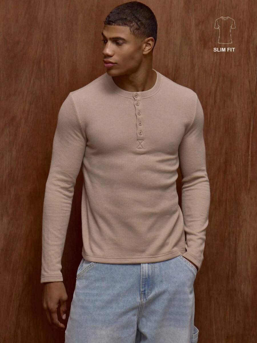Waffle Knit Henley Long Sleeve