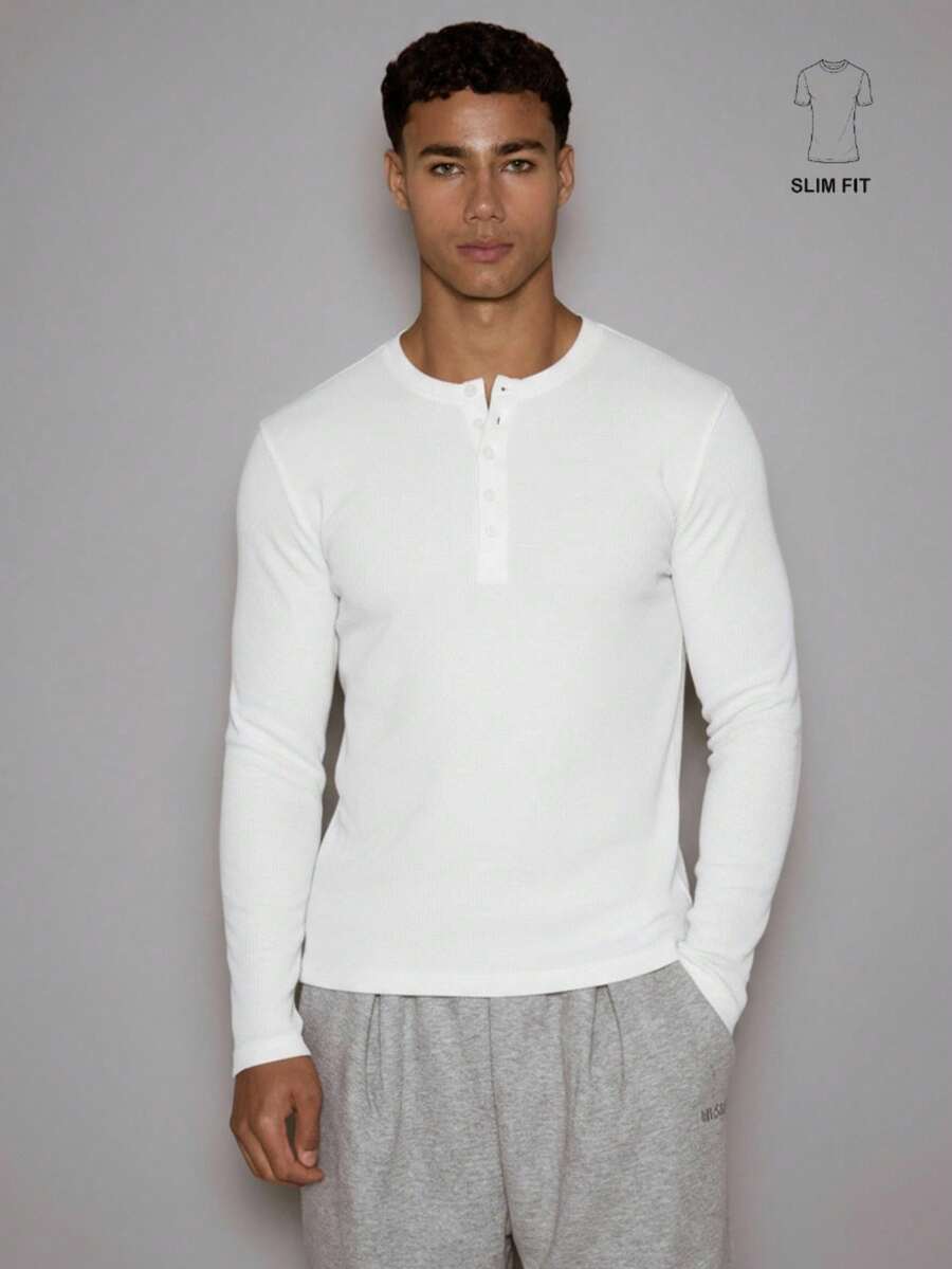 Waffle Knit Henley Long Sleeve