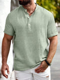 Manfinity Homme Men's Cotton-Linen Casual Summer Henley Collar Short Sleeve Shirt