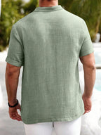 Manfinity Homme Men's Cotton-Linen Casual Summer Henley Collar Short Sleeve Shirt