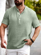 Manfinity Homme Men's Cotton-Linen Casual Summer Henley Collar Short Sleeve Shirt