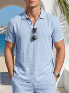 Men's Linen Henley V-Neck Short Sleeve Casual Beach Vacation Shirt