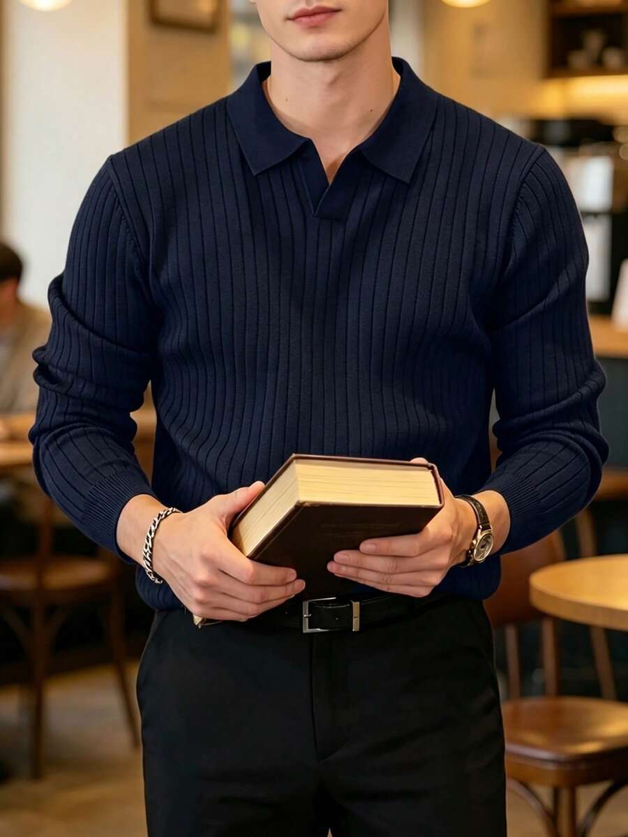Ribbed Knit Long-Sleeve Polo
