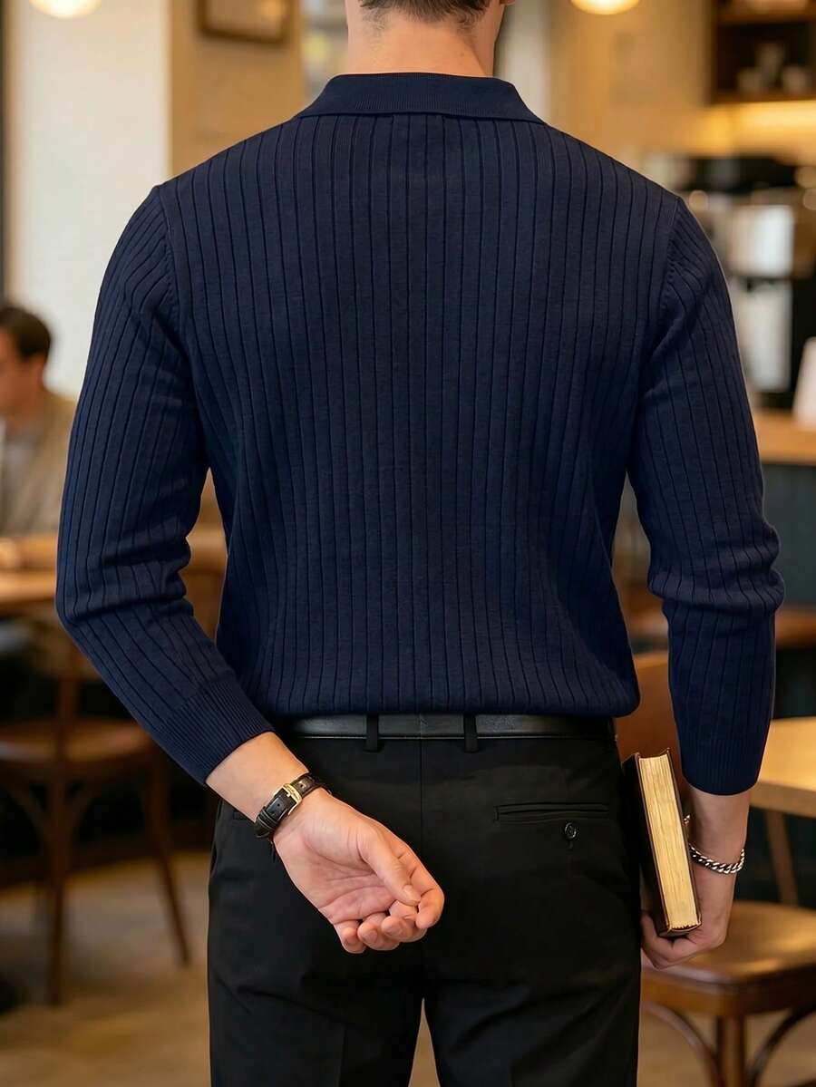 Ribbed Knit Long-Sleeve Polo