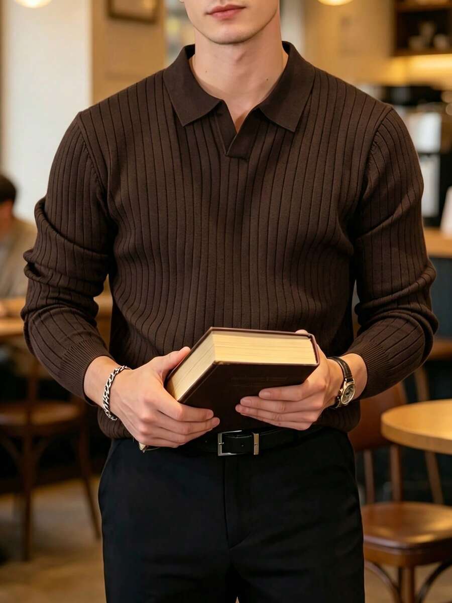 Ribbed Knit Long-Sleeve Polo