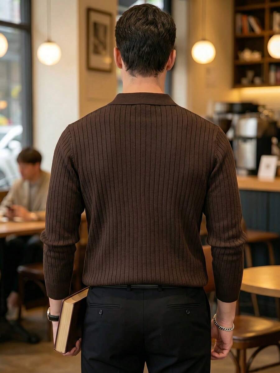 Ribbed Knit Long-Sleeve Polo