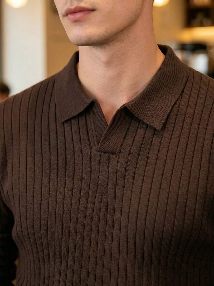Ribbed Knit Long-Sleeve Polo