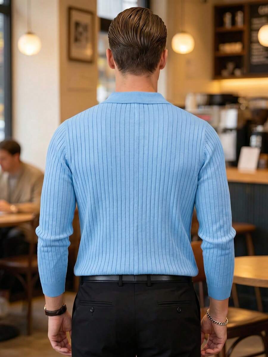 Ribbed Knit Long-Sleeve Polo