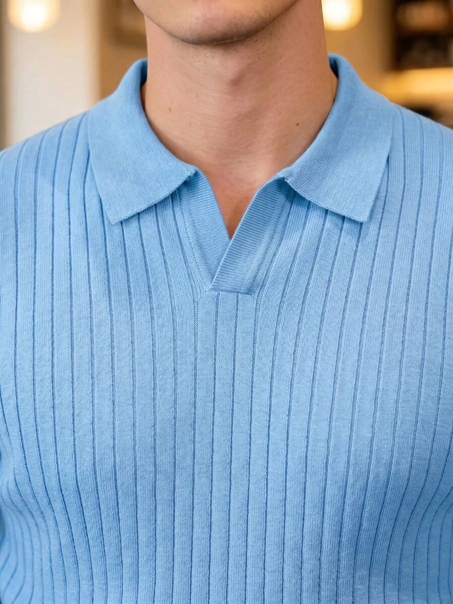 Ribbed Knit Long-Sleeve Polo