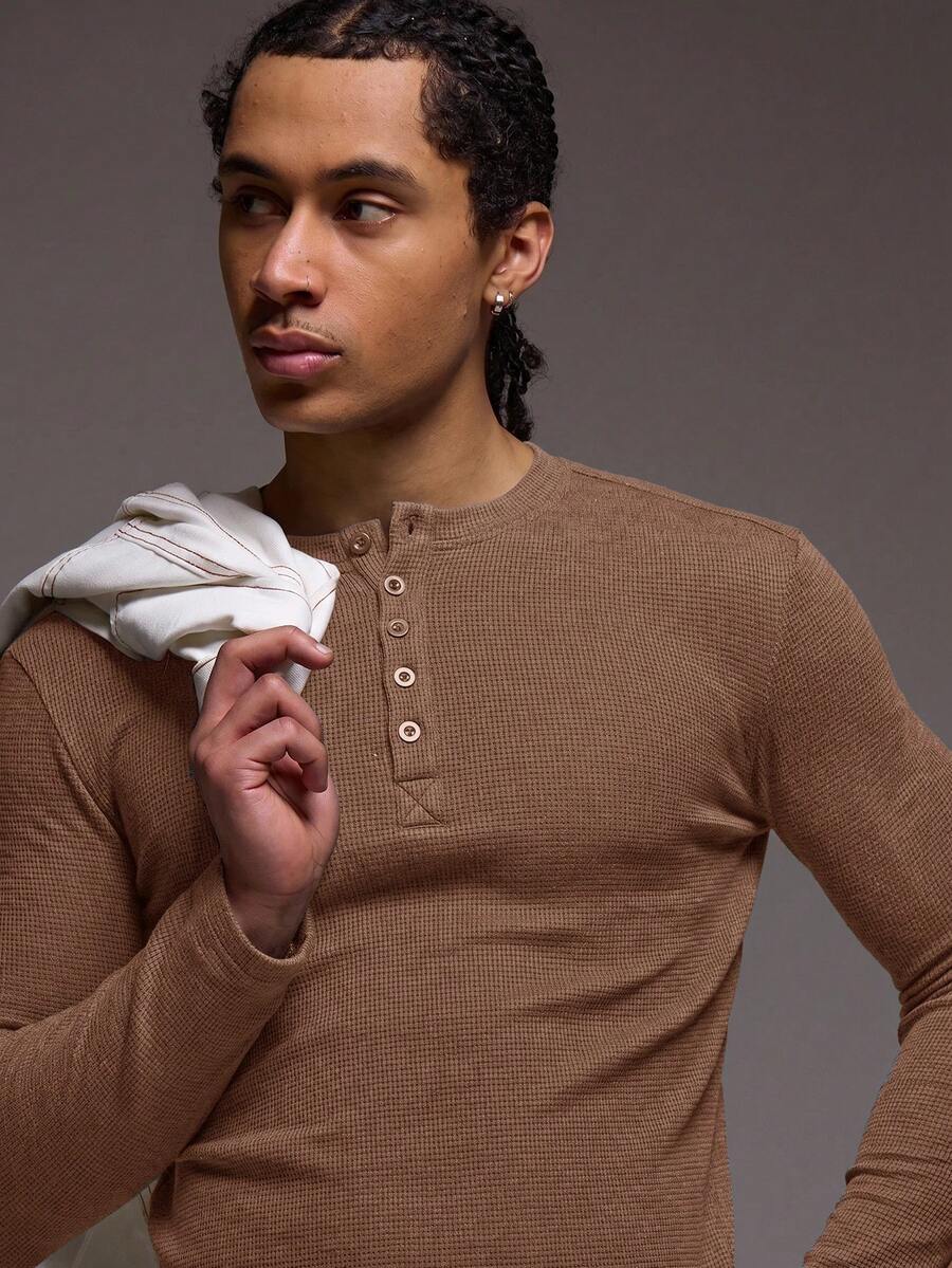 Waffle Knit Henley Long Sleeve