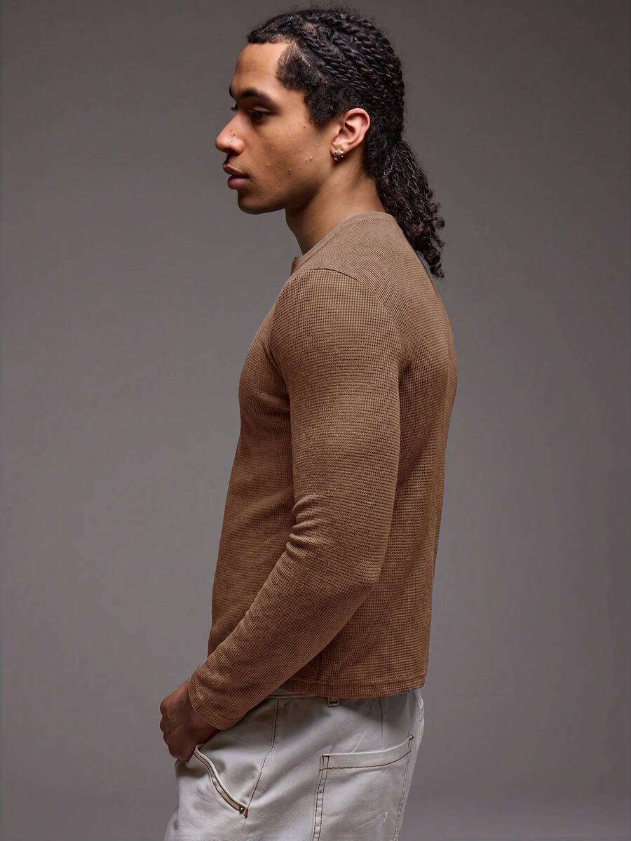 Waffle Knit Henley Long Sleeve
