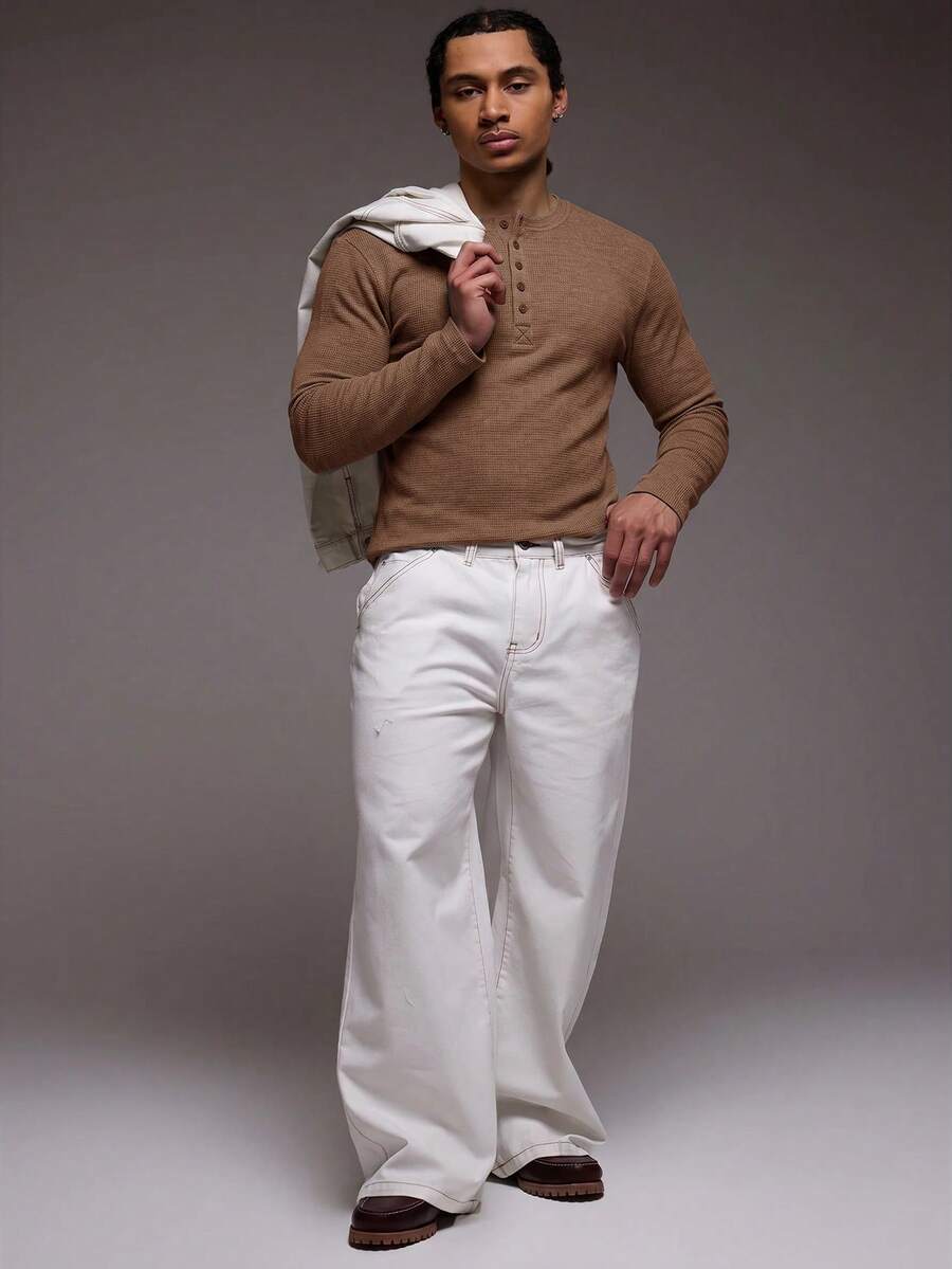 Waffle Knit Henley Long Sleeve