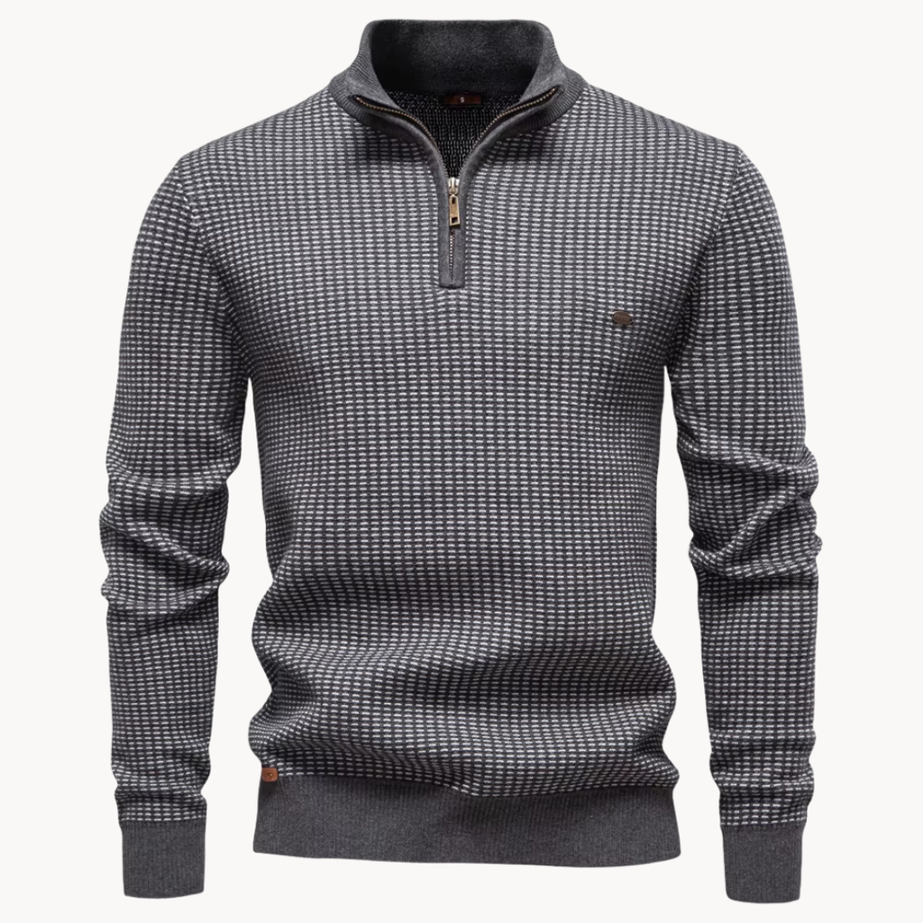 Textured Cotton Blend Zip-Neck Jumper