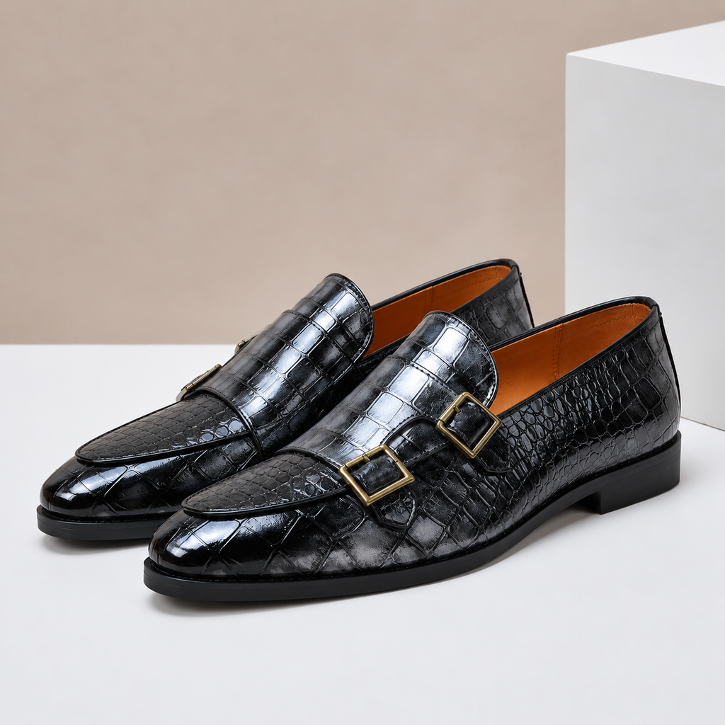 Double Buckle Embossed Loafers