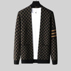 Checked Sleeve-Stripe Wool Cardigan