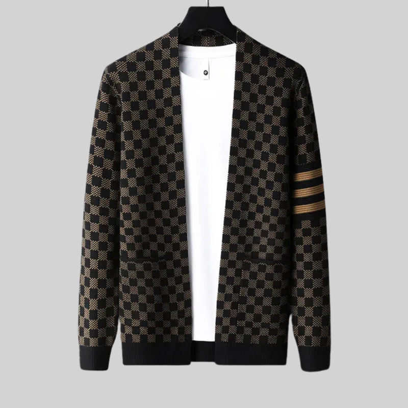 Checked Sleeve-Stripe Wool Cardigan