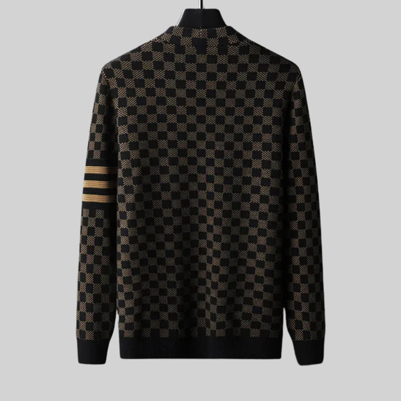 Checked Sleeve-Stripe Wool Cardigan