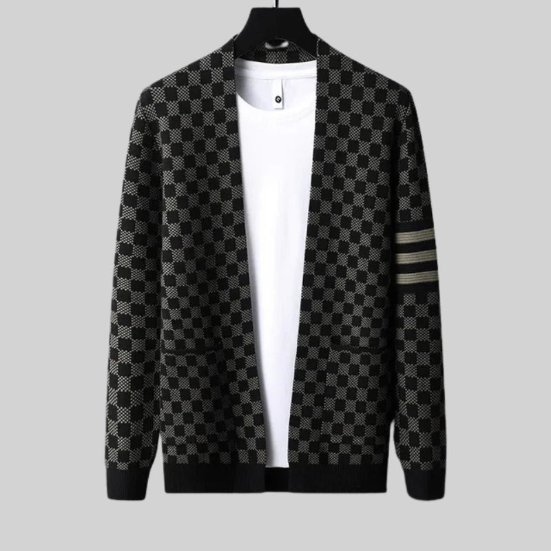 Checked Sleeve-Stripe Wool Cardigan