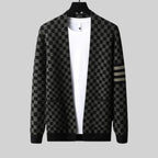 Checked Sleeve-Stripe Wool Cardigan