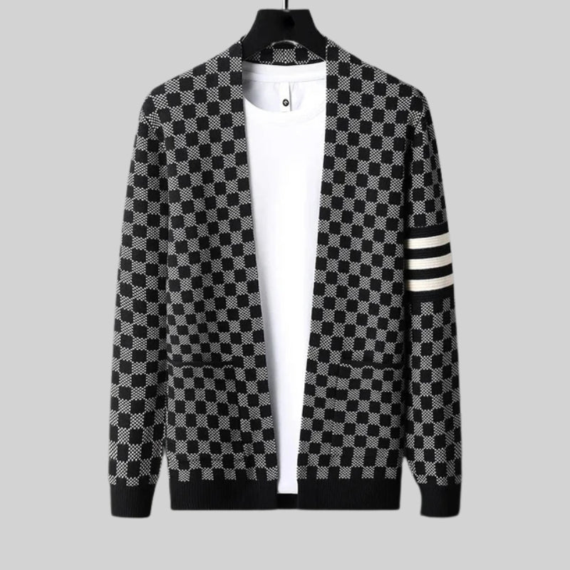 Checked Sleeve-Stripe Wool Cardigan