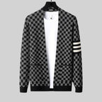 Checked Sleeve-Stripe Wool Cardigan
