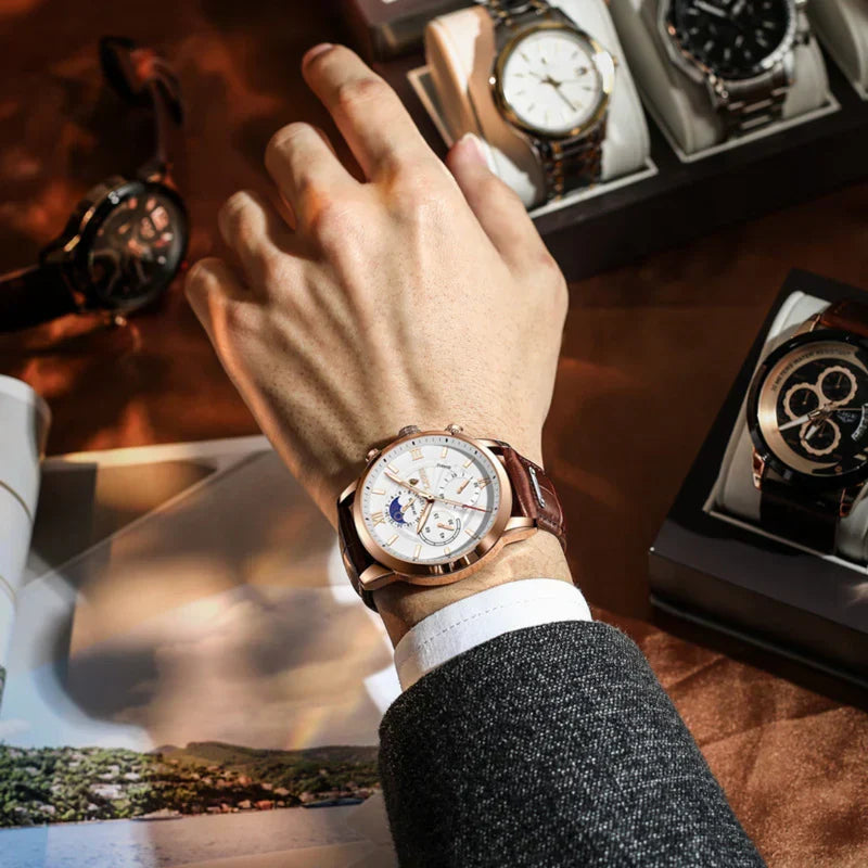 43mm Leather Strap Quartz Watch
