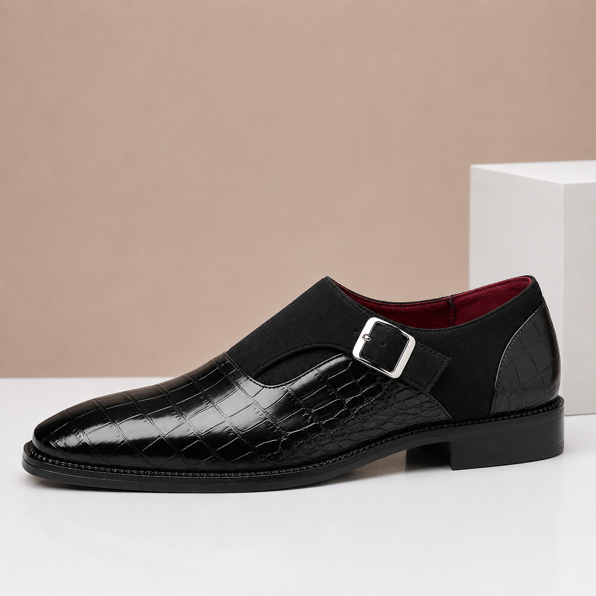 Croc-Embossed Leather Monk Strap