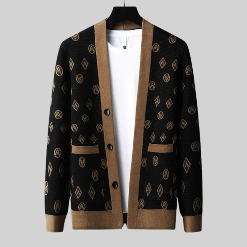 Bold Pattern Button-Down Wool Cardigan
