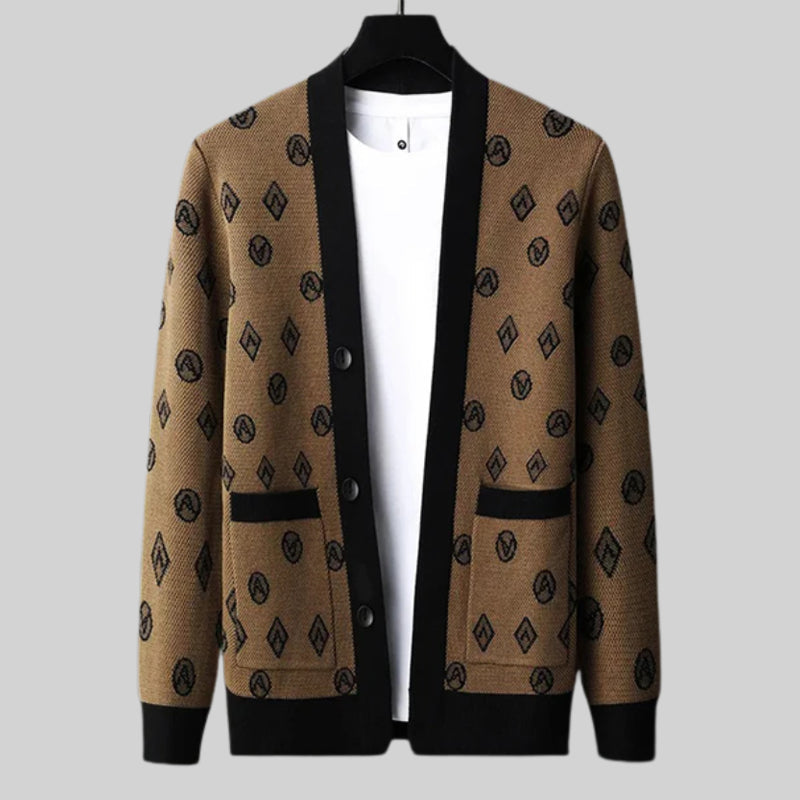 Bold Pattern Button-Down Wool Cardigan