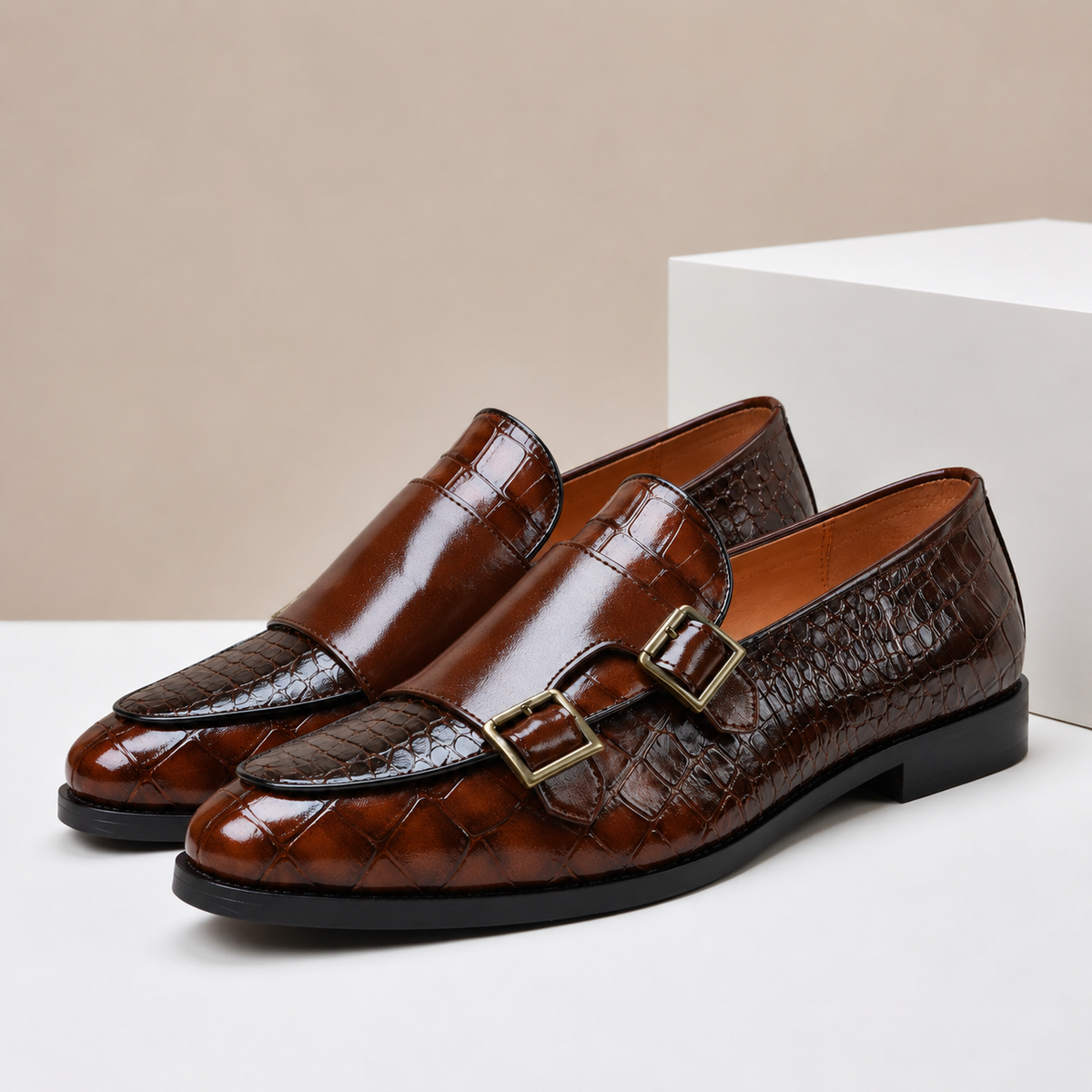 Double Buckle Embossed Loafers