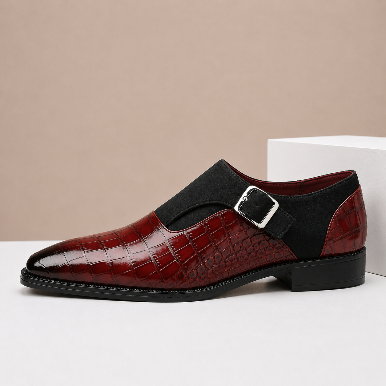Croc-Embossed Leather Monk Strap