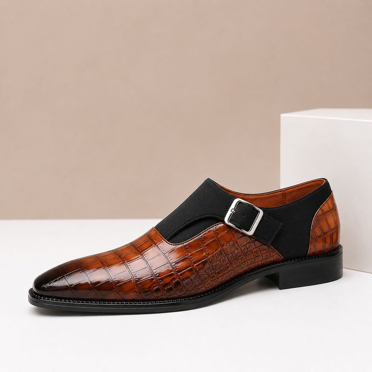 Croc-Embossed Leather Monk Strap