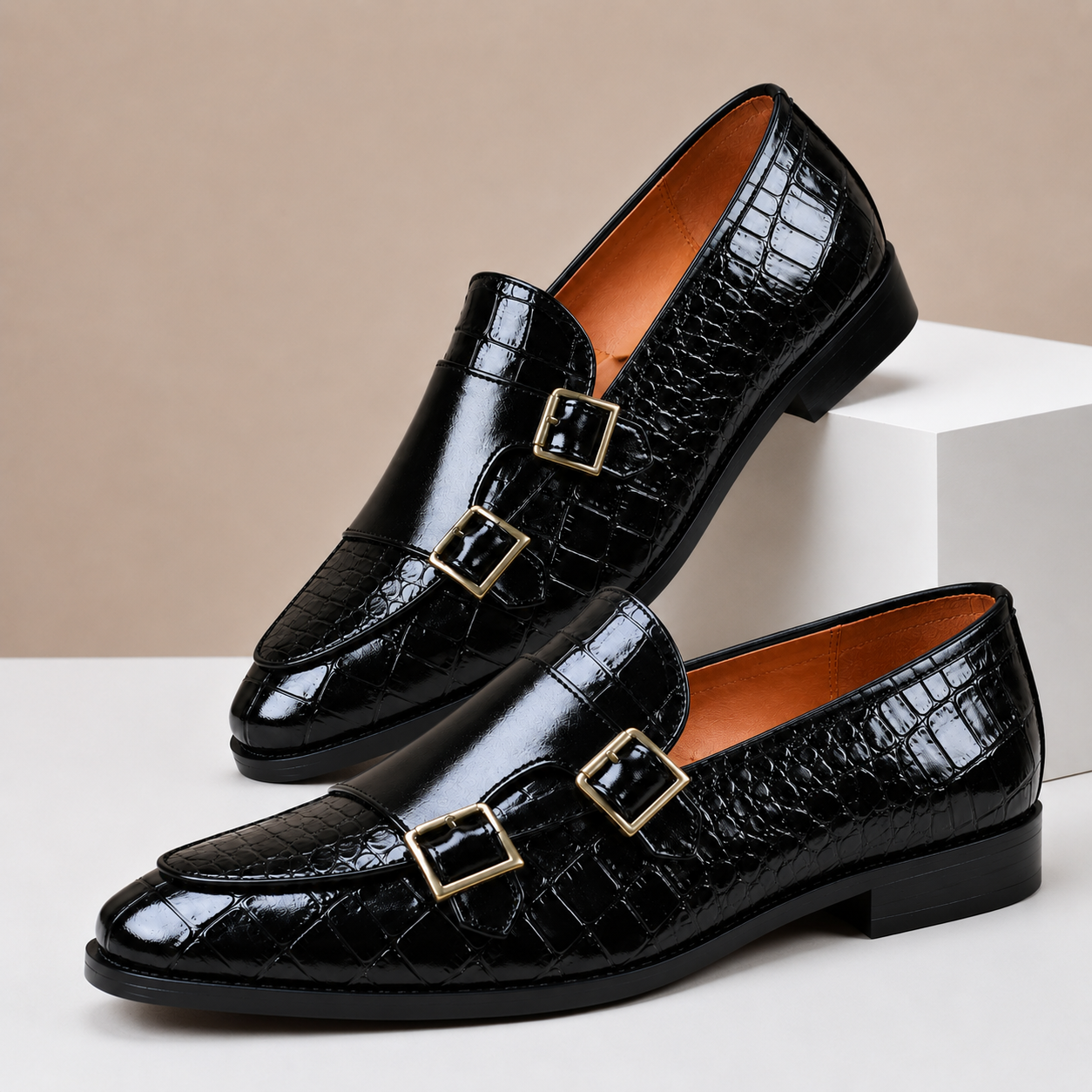 Double Buckle Embossed Loafers