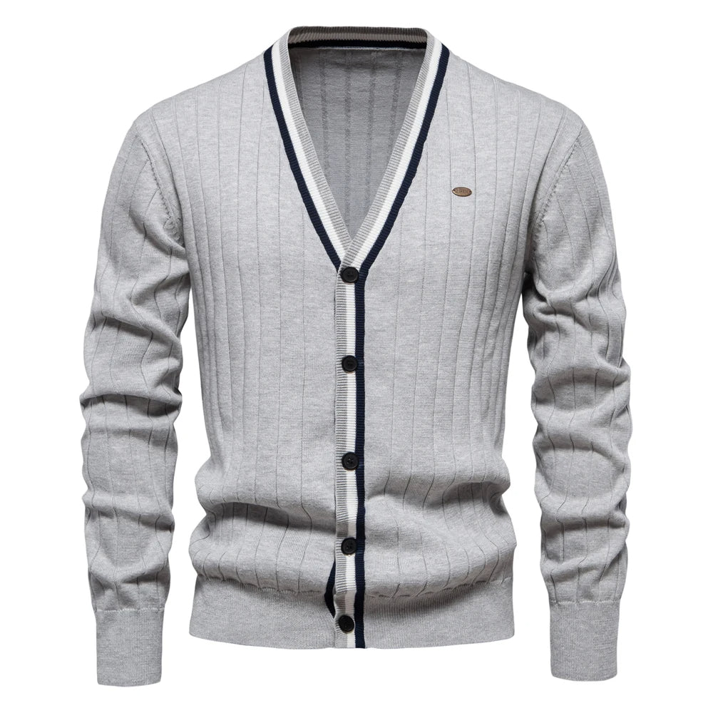 Contrast Trim Cotton V-Neck Cardigan
