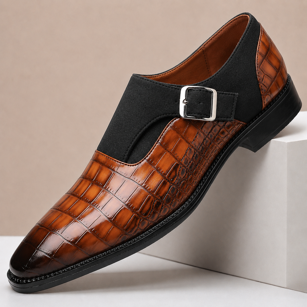 Croc-Embossed Leather Monk Strap