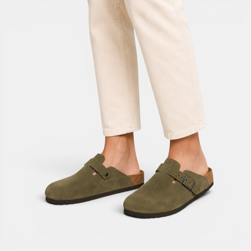 Suede Clogs with Cork Footbed