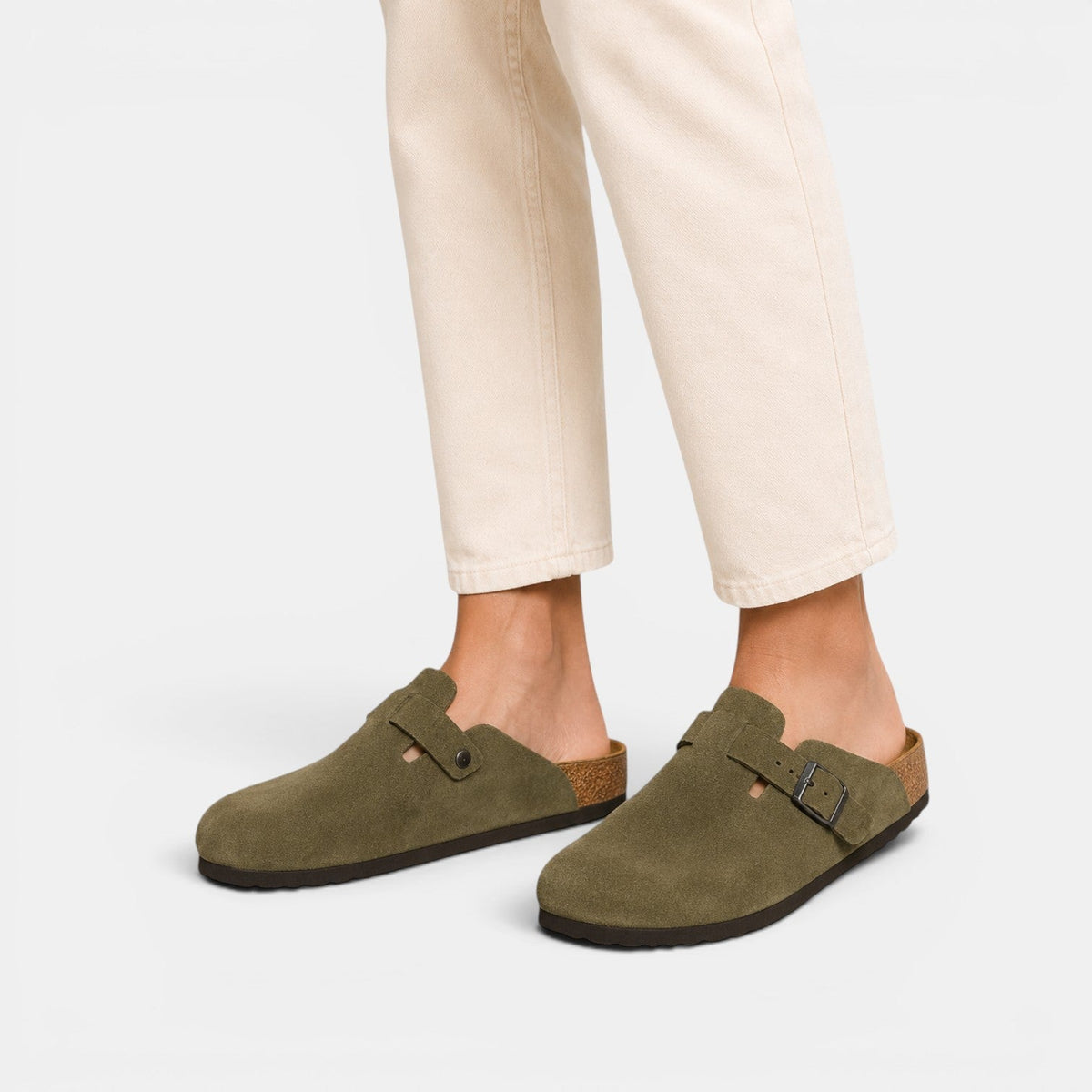 Suede Clogs with Cork Footbed