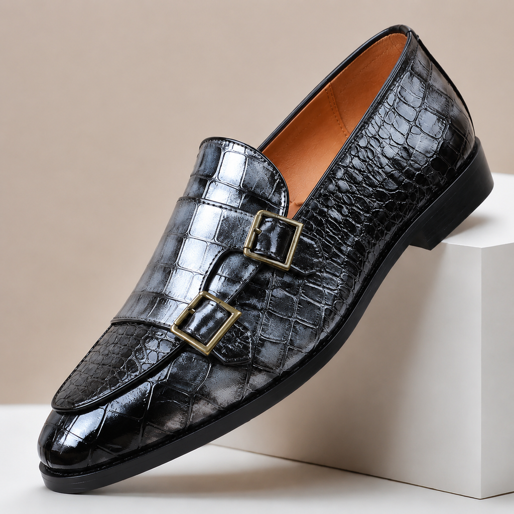 Double Buckle Embossed Loafers