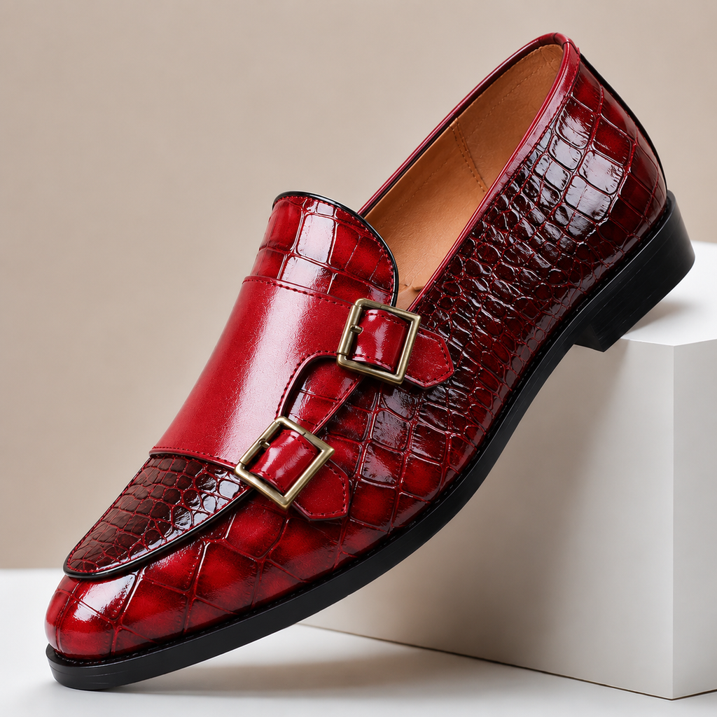 Double Buckle Embossed Loafers