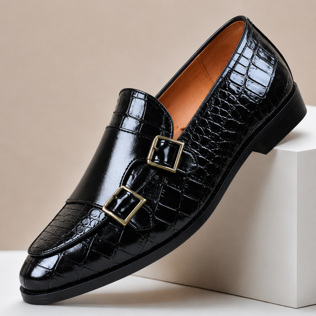 Double Buckle Embossed Loafers