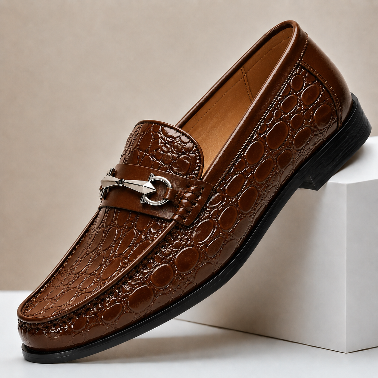 Croc-Effect Leather Loafers